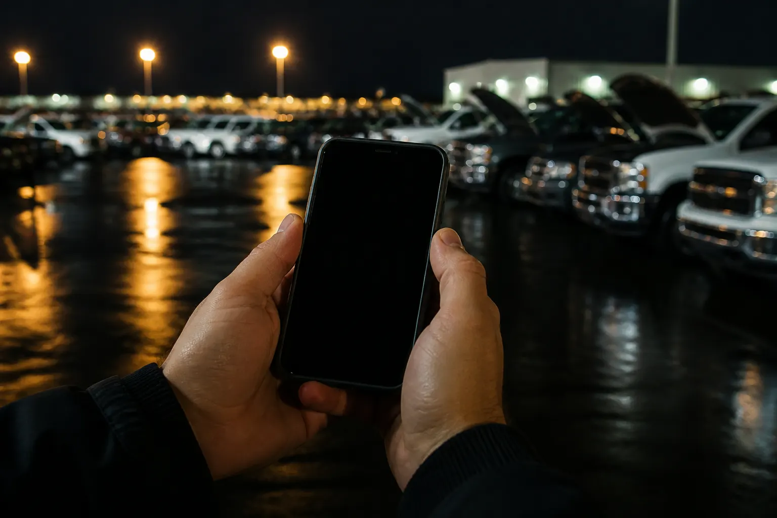 Hands holding a phone at a night auction lot